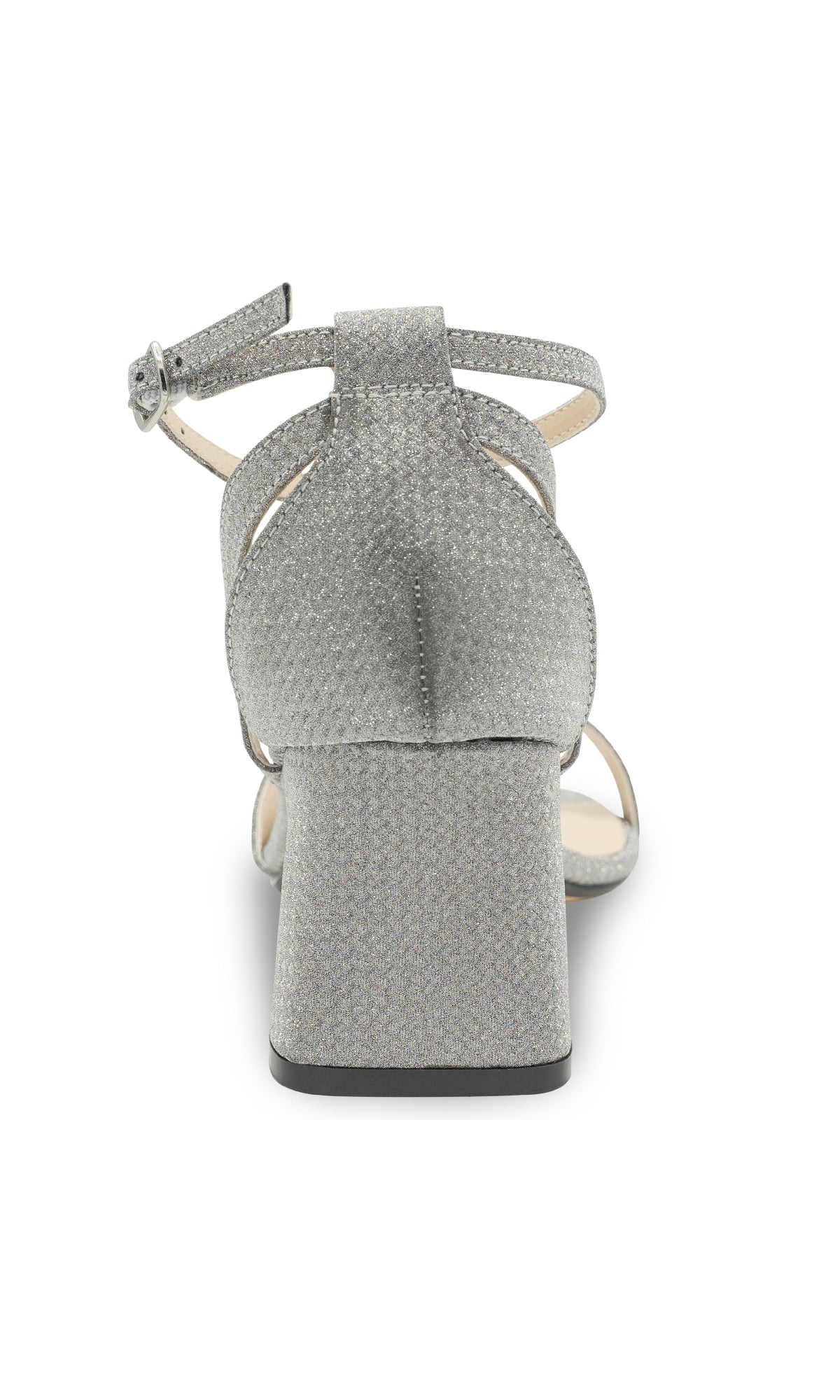 Back view of Lilibet Silver Prom Shoes: Touch Ups 4671—a textured silver open-heel sandal with ankle strap and block heel—ideal glitter prom sandals, displayed against a white background.